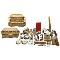 Rope work jars and covers with matching vases, Russian dolls and other carved wood figures, quantity of games to include dominoes, chess pieces, parasol, two wicker baskets, other treen and metalware etc