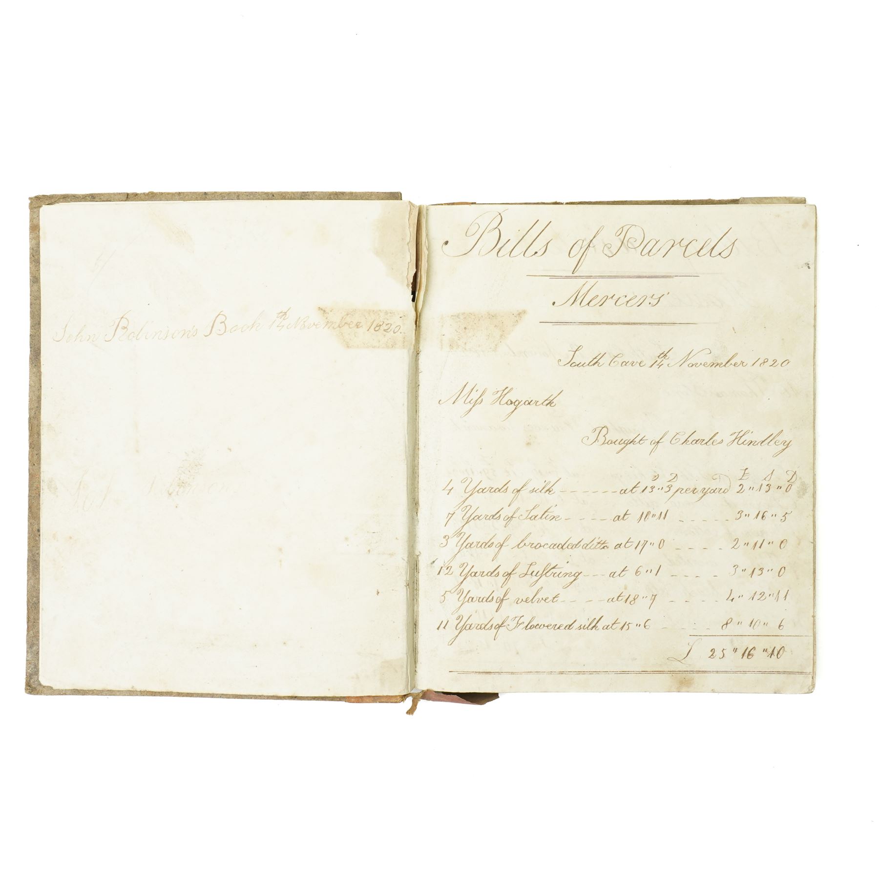 John Robinson - Early 19th century handwritten accounts book , with South Cave connection listing accounts from Mercers, Grocers, Butchers etc followed by various mathematical calculations