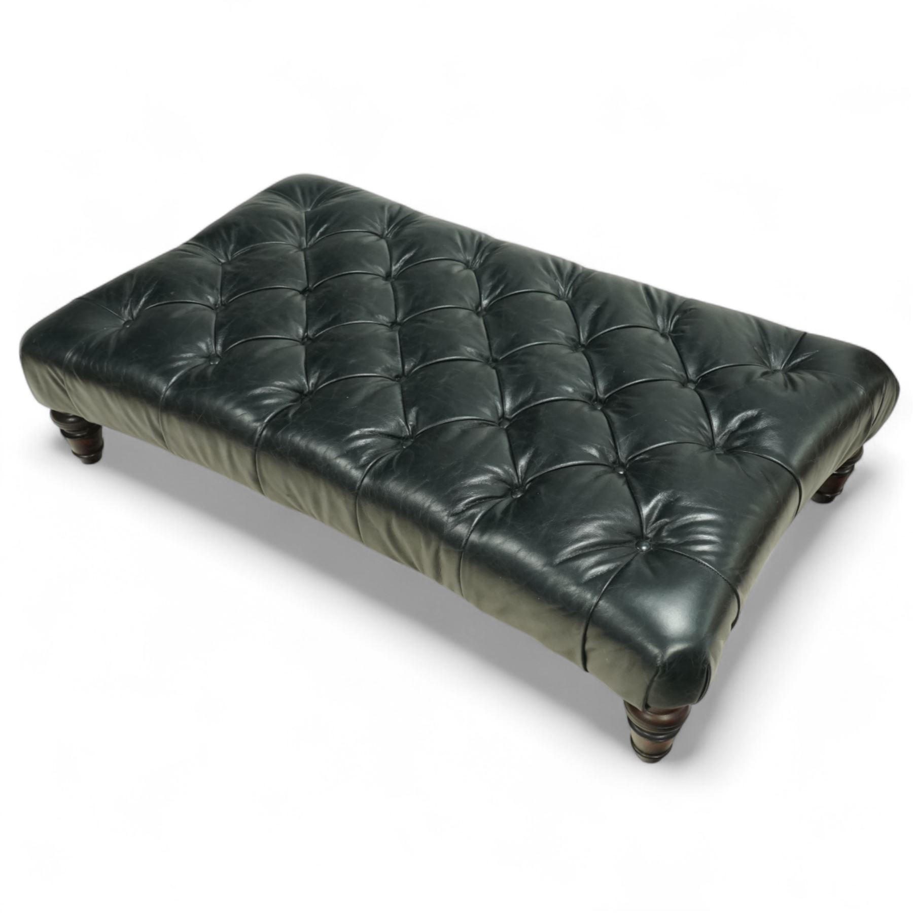 Tetrad – Contemporary black leather upholstered stool, deep button top with pulled finish, on turned stained hardwood legs