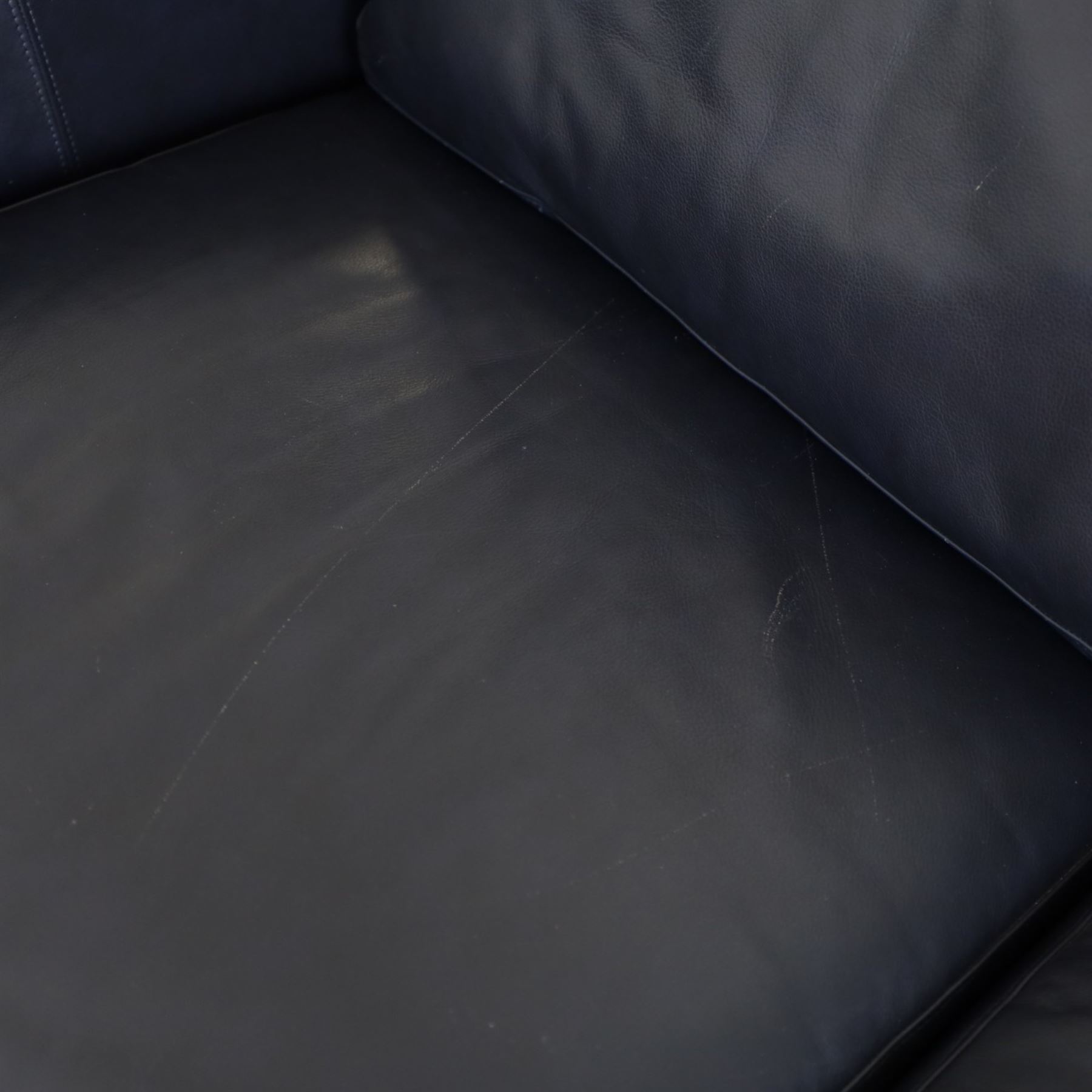 Modern blue leather two seat sofa, square formed arms, four loose cushions