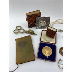 Pocket watch, Masonic jewel, costume jewellery, King Edward VIII coronation medallion in fitted red case, small pewter clock 'A.E.Williams made in UK', four small/miniature books,  brass candle wick trimmers, small number of coins etc