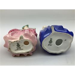 Group of figures, comprising six Royal Doulton examples, Daydreams HN1731, Silks and Ribbons HN2017, Tom Sawyer HN2926, Marie HN1370, Bo-Peep HN1811, and Tinkle Bell HN1677, together with a Dresden type 'lace' example, and a Coalport 'Swiss Cottage', (8)