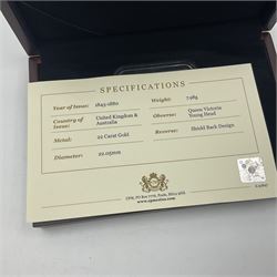 Queen Victoria 1854 gold full sovereign coin, 'The Shipwreck Sovereign', housed in a display case with information leaflet