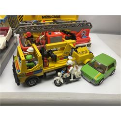 Collection of 1980s/90s Playmobil - vehicles including Fire-Engine No.21, Mobil Crane No.28, Quick Service Truck No.1 with trailer, Dumper Truck, GSL Sports car, GS Turbo car and three motorcycles; together with boxed Knights Tournament Set, Playmospace Space Station and Shuttle, wigwam and various accessories and figures etc