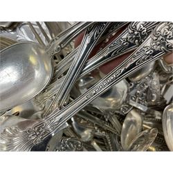 Quantity of assorted silver plated and other flatware, to include part sets, set of three silver plated cruets, glass sifter with silver plated cover, two glass decanters and stoppers, etc., in one box 