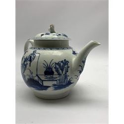 18th Century Worcester teapot, circa 1765-70, decorated in the Bird in the ring pattern, the cover with bud finial, with crescent mark beneath, H13cm, together with a Worcester coffee cup decorated in the same pattern, with crescent mark beneath, H6.5cm