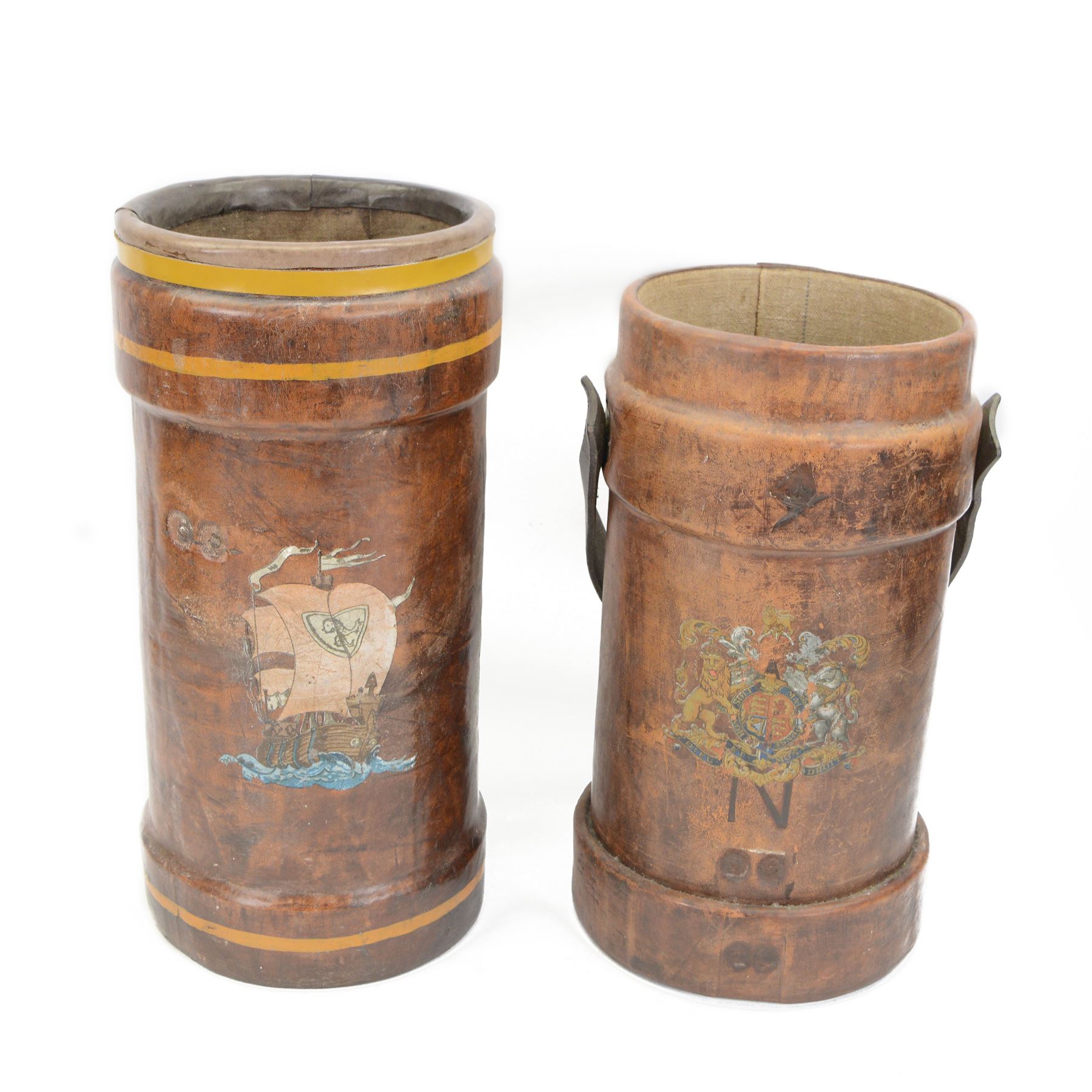 Early 20th century leather artillery shell case by Barrow, Hepburn & Gale Ltd, decorated a transfer printed coat of arms and an impressed N, with a strap handle, the base stamped 'No 58 III BH & G Ltd, together with another artillery shell case