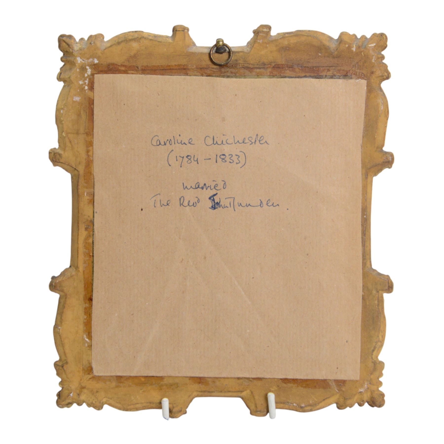 English School (early 19th century) 
Portrait miniature upon ivory 
Head and shoulder portrait of Caroline Chichester wife of the Revd John Munden, wearing white empire line gown and gauze shawl
Within period giltwood frame
Oval 9cm x 6.5cm 
Overall 20.5cm x 18cm 

Provenance: By family descent from the Chichesters of Arlington Court, Devon; from the collection of Andrew Chichester Everitt.

This lot has been registered for sale under Section 10 of the APHA Ivory Act