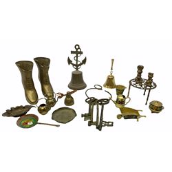 Brass kitchen scales with foliate decoration to base H18cm, together with a pair of balance scales H64.5cm, and a selection of other brass ware.  