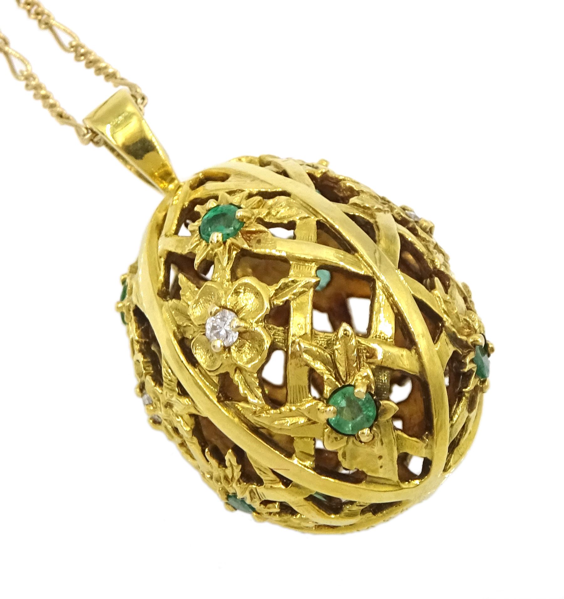 Igor Carl Faberge for Franklin Mint 14ct gold emerald and round brilliant cut diamond egg pendant, London import mark 1984, boxed