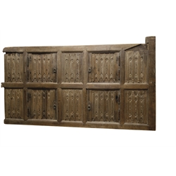  18th century and later oak panel,  with four doors and six linenfold carved panels in moulded frame, W190cm,  H113cm  