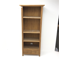  Light oak 6' open bookcase, three adjustable shelves above two drawers, stile supports, W77cm, H181cm, D40cm  