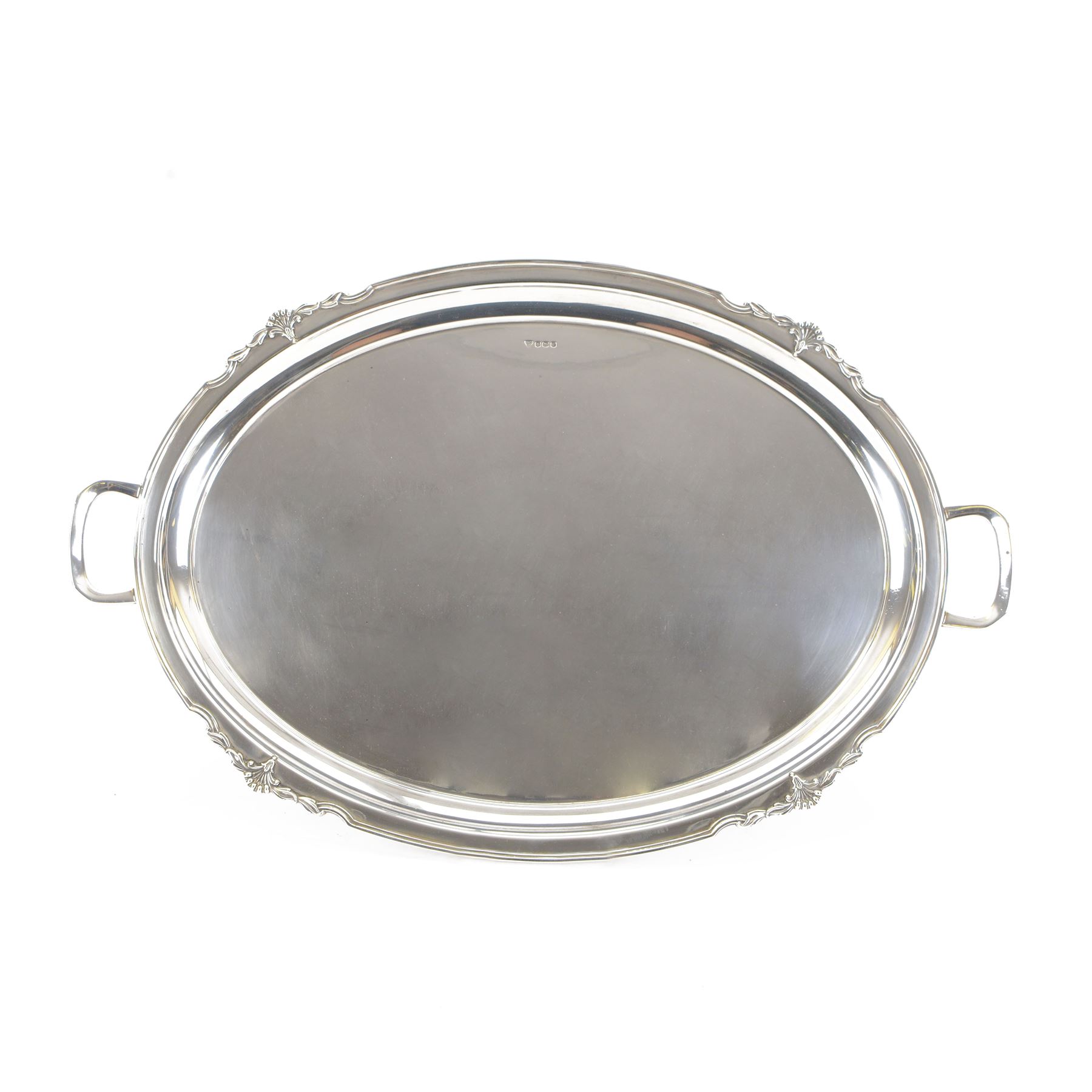 Modern silver twin handled serving tray, of oval form with stylised bud and tendril detail to rim, hallmarked Garrard & Co Ltd, Sheffield 1970, also impressed Garrard & Co Ltd 112 Regent Street beneath, including handles L64cm
