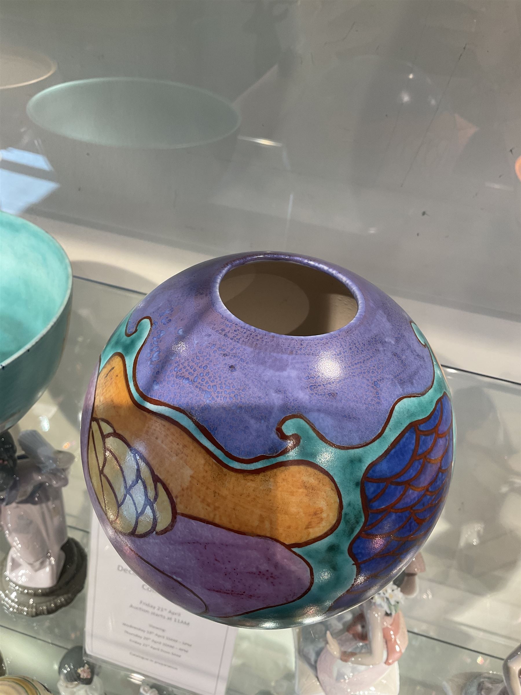 Clarice Cliff Bizarre for Newport Pottery Inspiration Tresco pattern vase, the body of shape 370 globe form painted in yellow, orange, pink, purple, green and blue with stylised island and sea related motifs such as scales and seaweed, with painted and impressed marks beneath, H15cm