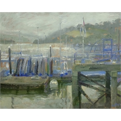 Martin Dutton (British Contemporary): 'Overcast Day Noss Dart Marina' Dartmouth, oil on canvas signed, titled verso with artist's address label 39cm x 49cm