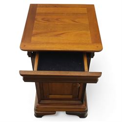 Willis & Gambier - French cherry wood bedside cabinets, each with square moulded top, frieze baize lined drawer and single cupboard door, raised on shaped plinth bases