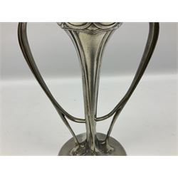 Archibald Knox (1864-1933) for Liberty & Co, Tudric pewter tulip vase, with bulbous bowl upon a tapering stem leading to a spreading foot issuing twin tendril handles that rise to meet the bowl, stamped beneath 029, H25cm