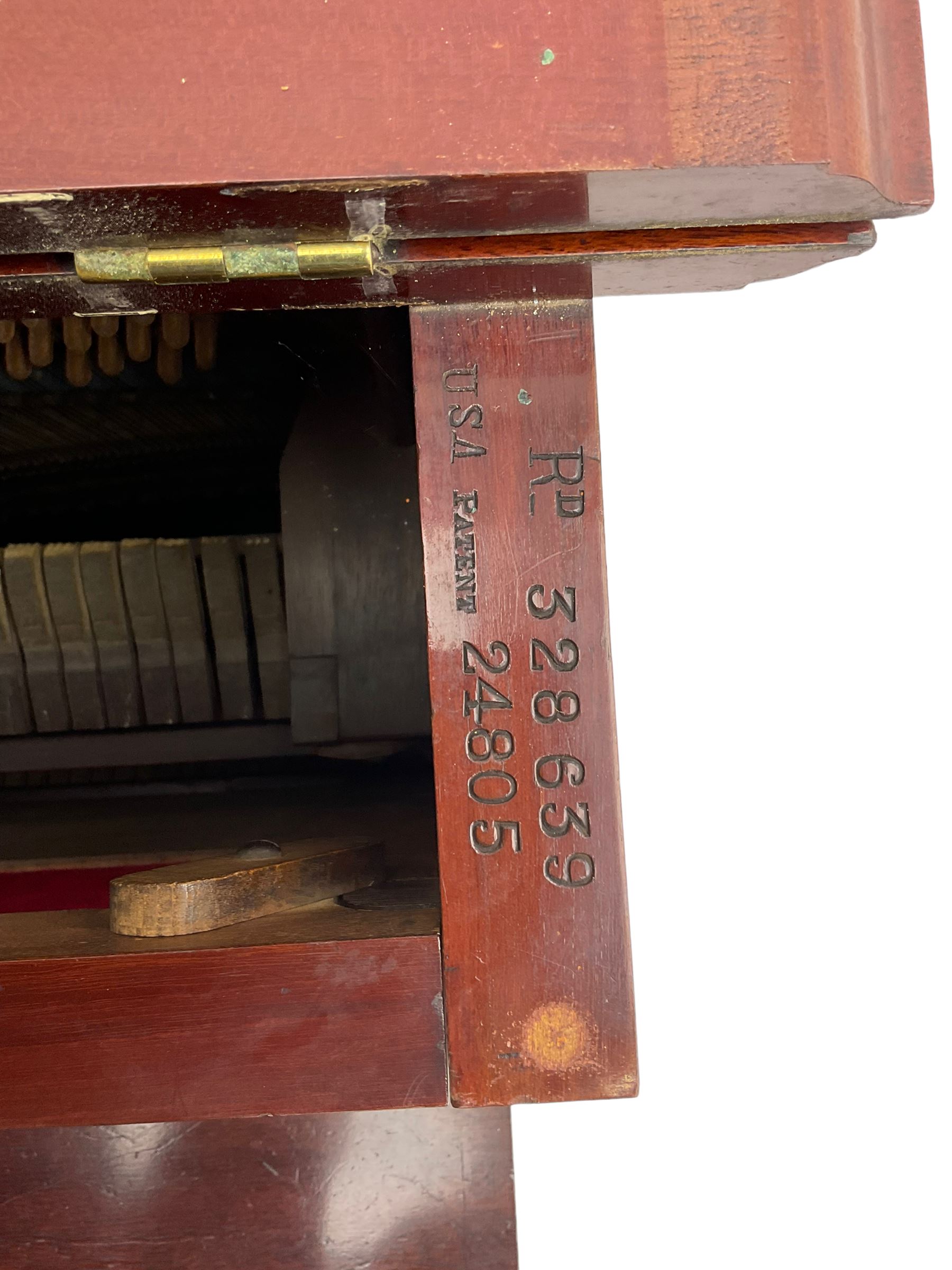 Carl Bechstein - late 19th century German overstrung upright piano, in a model 4 Arts and Crafts case designed by Walter Cave, with a lattice music desk and fretted silk backed front panel, brass hinged case lid and key fall with square tapered candle holders and circular sconces, iron frame, serial number 52187 (1899-1900), with an under damper action, 85 ebony and ivory keys, sustain and una corda pedals, original action, stringing, dampers, and action return straps, registered case number 328639, USA patent 24805.

This item has been registered for sale under Section 10 of the APHA Ivory Act