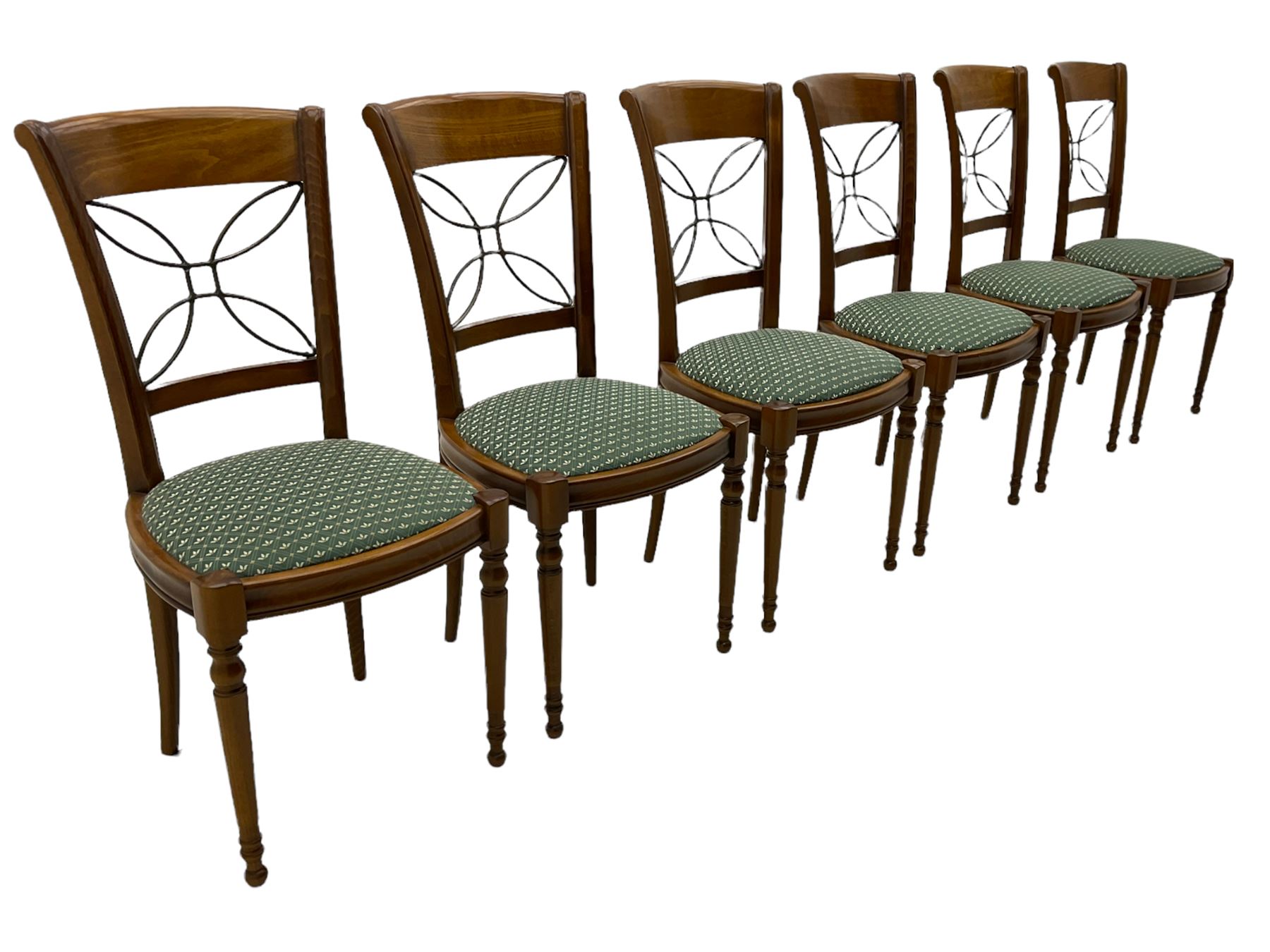 Ernest Menard - cherry wood and wrought metal dining table with glass top, and set six matching dining chairs