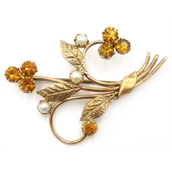  9ct gold floral bouquet brooch set with citrine and seed pearls  