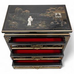 Chinese design black lacquered cupboard, decorated with birds and trailing flowers (W61cm, H81cm, D31cm); together with a similar Chinese design three drawer chest (W57cm, D34cm, H61cm)