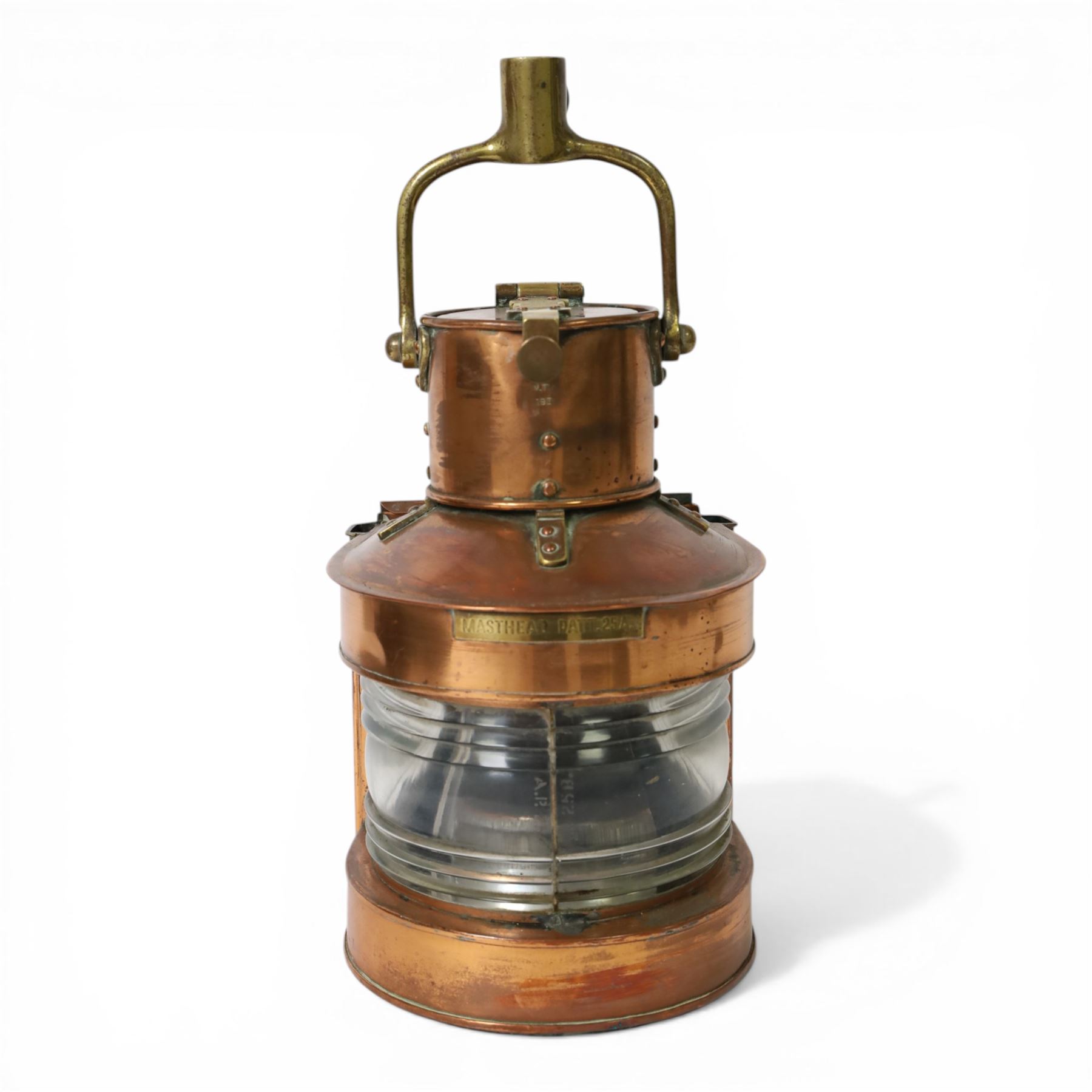 1930s copper and brass ship's masthead lamp, bearing plaque 'Masthead Patt.25A' and inscribed W.T.G. 1939, not including handle H30.5cm