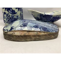 Chinese blue and white silver plate mounted trinket box together with Victoria Ware blue and white transfer footed rectangular dish and twin handled vase, tallest H29cm