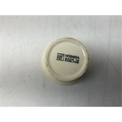 Collection of 1970s Hornsea mugs designed by John Clappison, comprising six Train Robber pattern examples together with owl patterned example on dark teal ground, and further example decorated with stylised hen and chick and egg, approx 9cm, together with four small cup bowls, all with stamped Hornsea marks beneath