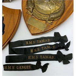  Two Submarine Force US Atlantic Fleet presentation plaques, the first detailed Subron 14, the second USS Abraham Lincoln 602, each H32.5cm, together with five uniform patches, four cap tallies, detailed HSM Tamar (x3), and HMS Ganges, and a set of two limited edition Euro Tunnel commemorative presentation plaques, The Breakthrough 1st December 1990 and Celebration 6th May 1994, D27cm, complete with original certificates.  