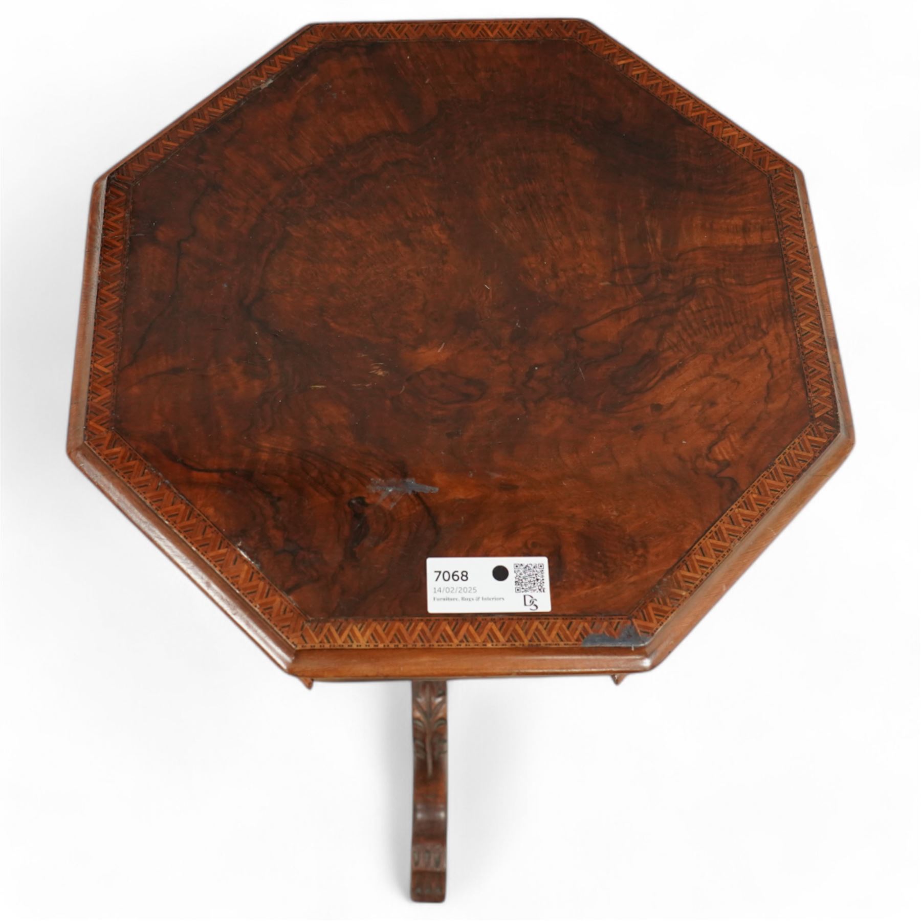Victorian mahogany trumpet sewing or work table, moulded octagonal hinged lid with parquetry inlaid band, with fitted interior, on turned and foliage carved pedestal with three out-splayed supports 