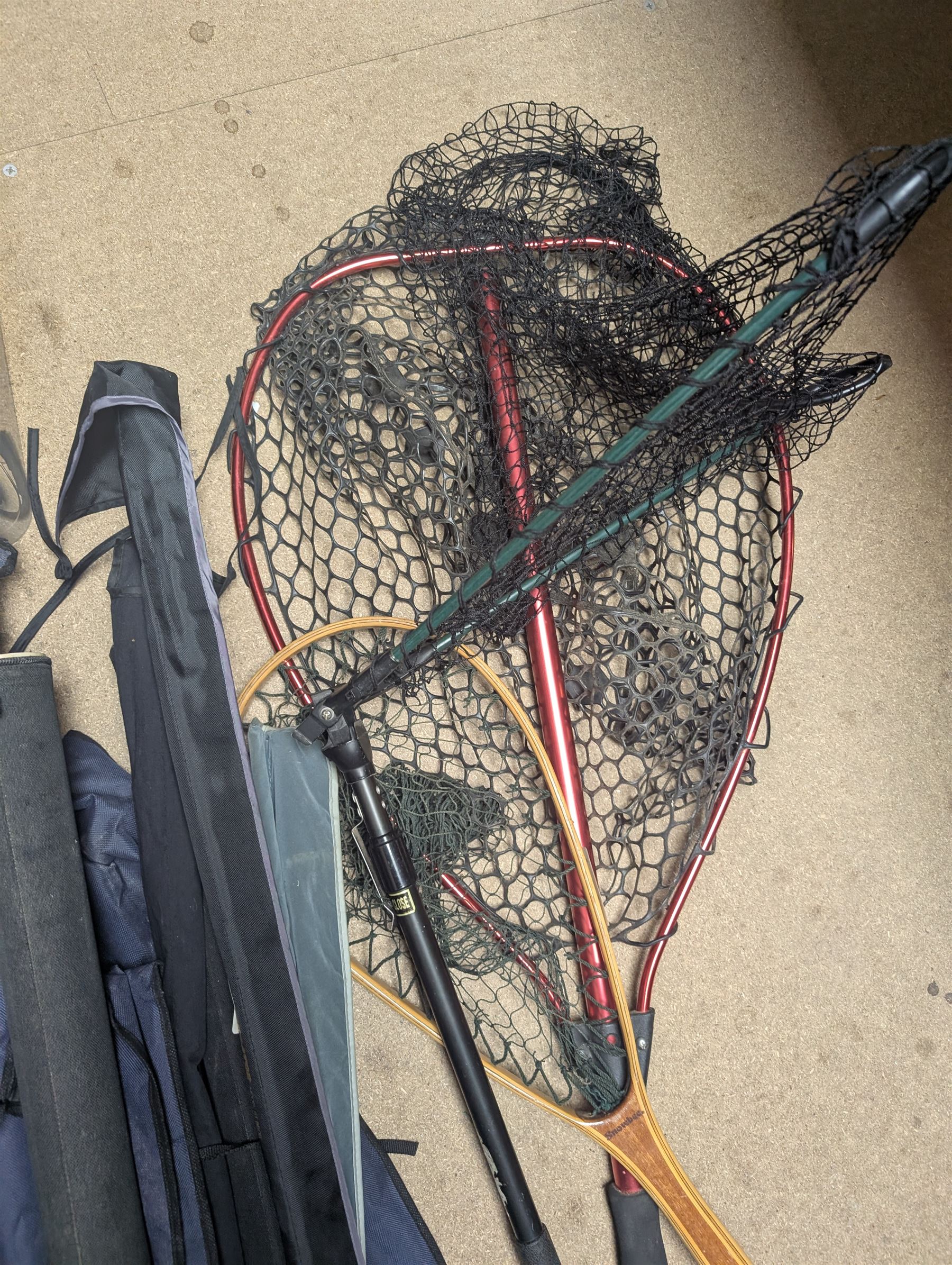 Collection of fly fishing equipment and similar, including Pflueger Summit 5 Fly Rod, Stimulator ST8605 Fly Rod, Power Plus Tiger Edition, Snowbee net and two others, Snowbee waders size 10, Abu Garcia 276Ui reel, Predator fly reel, Stealth Cassette 1 Fly Reel, etc 