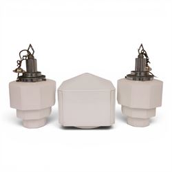 Pair of  mid-century milk glass nonagon ceiling light fittings, together with one other, pair H45cm
