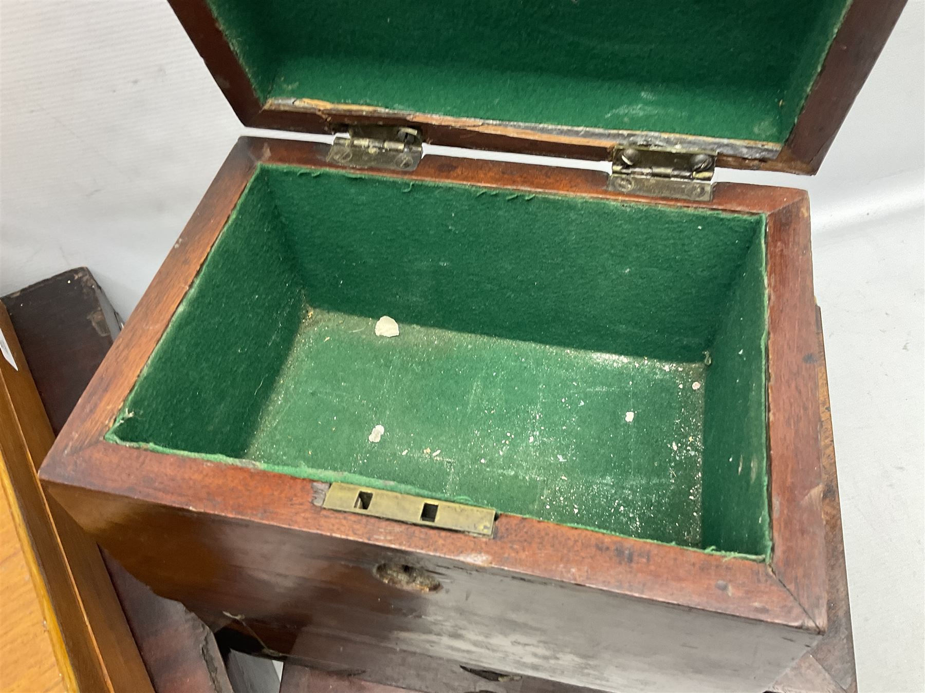 Collection of 19th century and later boxes for restoration, to include a mother of pearl inlay example, oak canteen, large mahogany example etc