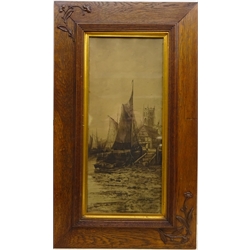  Docked Fishing Boats, Edwardian monochrome print in Art Nouveau oak frame with moulded floral detail 80cm x 47cm overall   