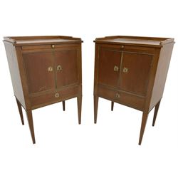 Pair of early 20th century bedside cabinets, fitted with brushing slide over cupboard and single drawer, each with gilt metal cock-beading, raised on square tapering supports