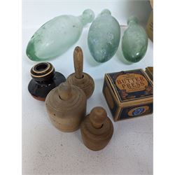 Collection of clay pipes, serval carved as faces, together with butter presses, copper tankard, torpedo glass bottles etc 