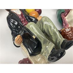 Four Royal Doulton figures, to include The Broken Lance HN 2041, The Old Balloon Seller HN 1315, The Balloon Man HN 11954 and Little Boy Blue HN 2043, together with a Coalport Ladies of Fashion figure Regina and three framed hunting silk needle works