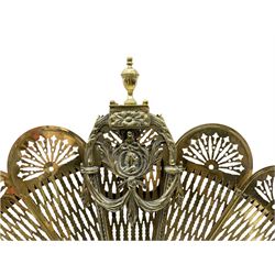 Brass peacock fire screen, with eight fold out panels, H66cm