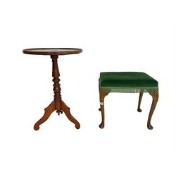 Early 20th century piano stool, seat upholstered in green velvet with fringe, raised on foliate supports; and mahogany occasional table on tripod base (2)