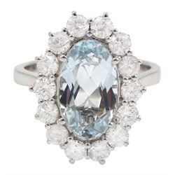 18ct white gold oval aquamarine and round brilliant cut diamond cluster ring, hallmarked, aquamarine approx 2.45 carat, total diamond weight approx 1.30 carat