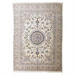Central Persian Nain hand-knotted carpet, wool with silk highlights, ivory field with cent...