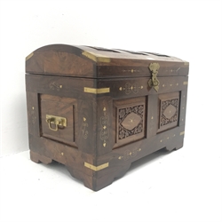 Eastern brass inlaid hardwood dome top trunk, hinged lid, W60cm, H45cm, D38cm