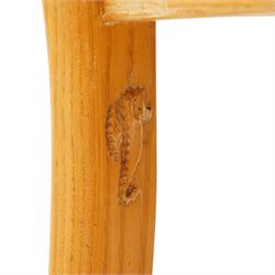 Seahorseman by Shaw & Riley - set of four Yorkshire oak bar-back dining chairs, brown vinyl drop in seat, raised on shaped supports with signature Seahorse carving from the workshop of A. Shaw & Riley Ltd, Hessay
