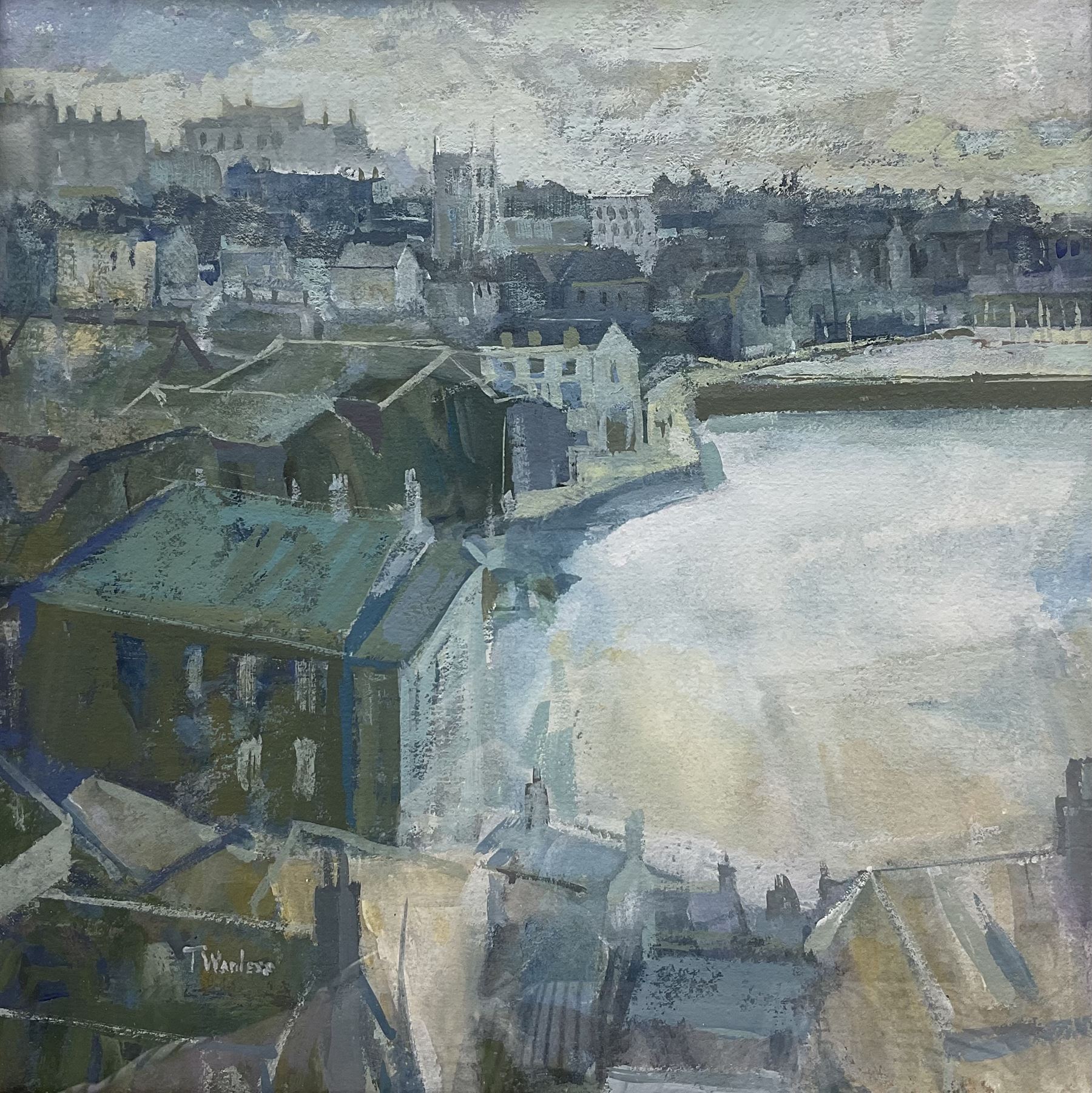 Tom Wanless (Northern British 1929-2020): 'St Ives at Daybreak', gouache signed, titled verso 28cm x 28cm
