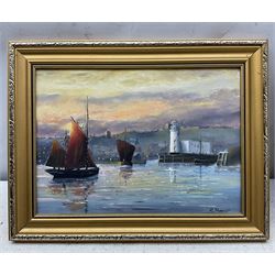 Robert Sheader (British 20th century): Scarborough Harbour at Sunset with Calm Seas, oil on board signed 20cm x 27cm