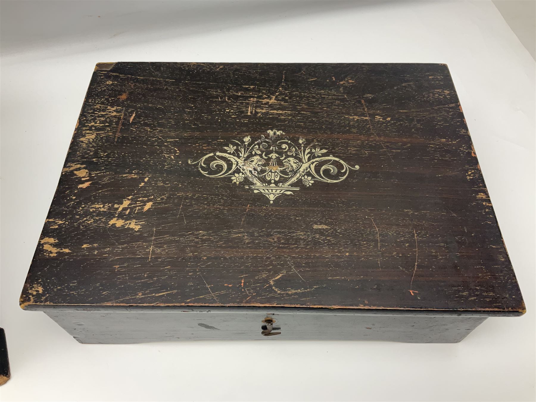 Swiss - 19th-century cylinder music box with three butterfly bells in sight, in a mahogany case with two separately boxed  6” cylinders, glazed viewing lid, 41 tooth comb (one tooth broken) crank key missing, movement untested.