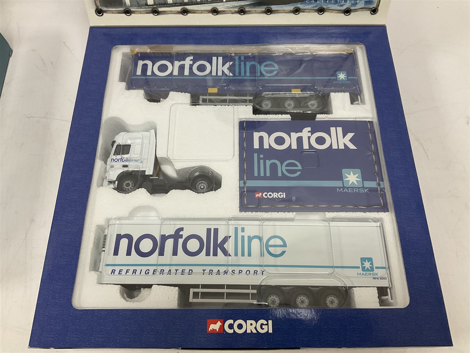 Corgi - two limited edition 1:50 scale heavy haulage vehicle sets comprising CC99129 Norfolk Line with DAF XF Super Space Cab, Curtainside Trailer, Fridge Trailer and History Booklet; and CC99130 Pollock (Scotrans) Ltd. Musselburgh with three fleet tractor units, curtainside trailer and History Booklet; both boxed (2)