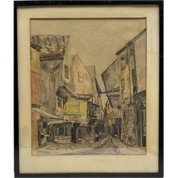 R Dommes (French 20th century): Street scene, watercolour signed and dated 1949; Kim (British 20th century): Dock Scene, pastel signed and dated '62; Continental School (20th century): Harbour Scene, watercolour indistinctly signed max 26cm x 36cm (3)