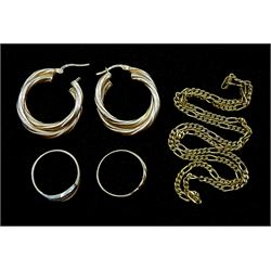 Gold Figaro link necklace, pair of gold earrings and two gold rings, all 9ct hallmarked , approx 11.4gm