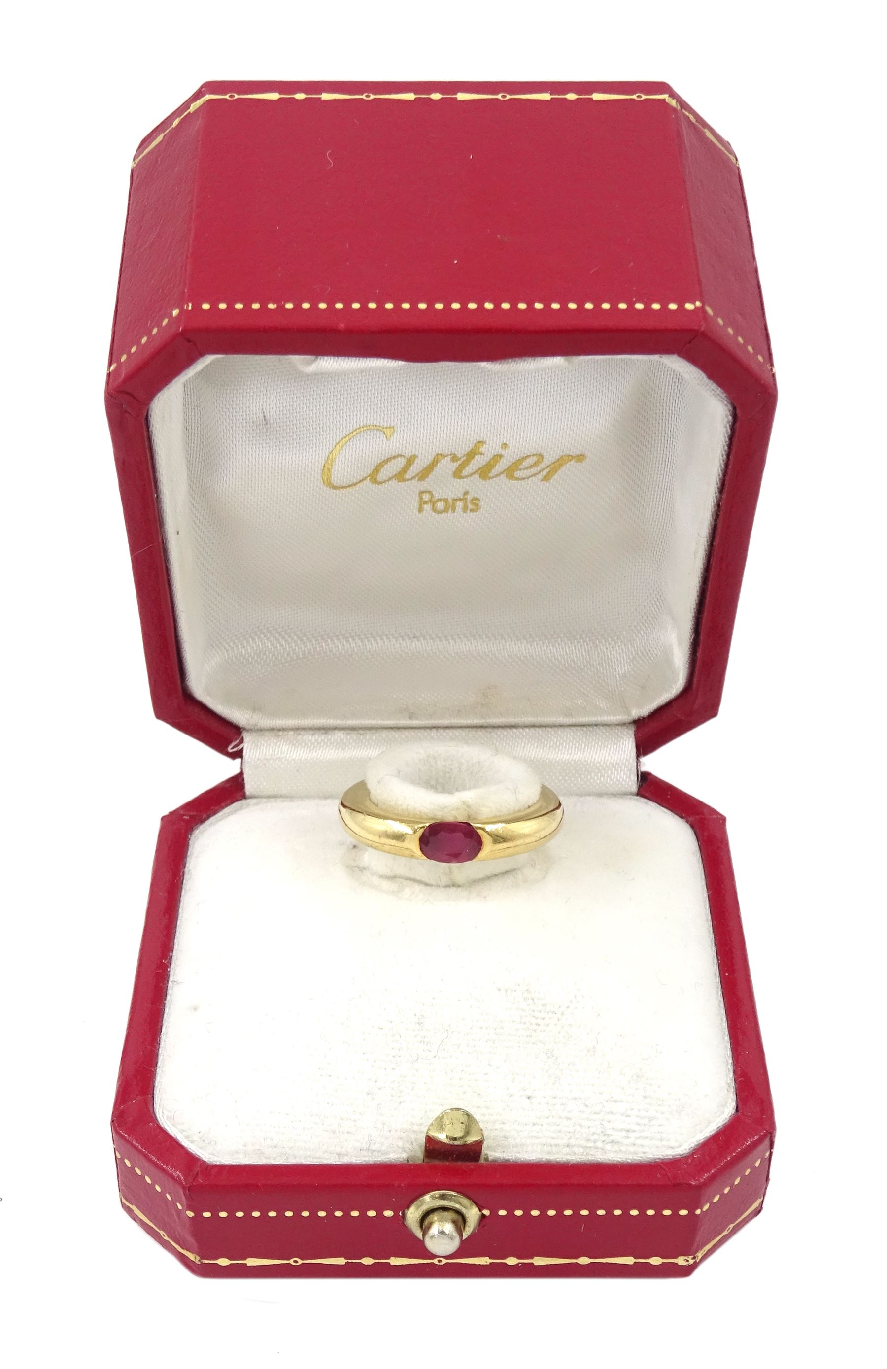  Cartier Ellipse 18ct gold single stone ruby ring, hallmarked, boxed